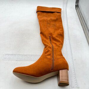 Brown Women Low Stacked Heel Knee High Western Boots Round Toe Suede Boot Dressy